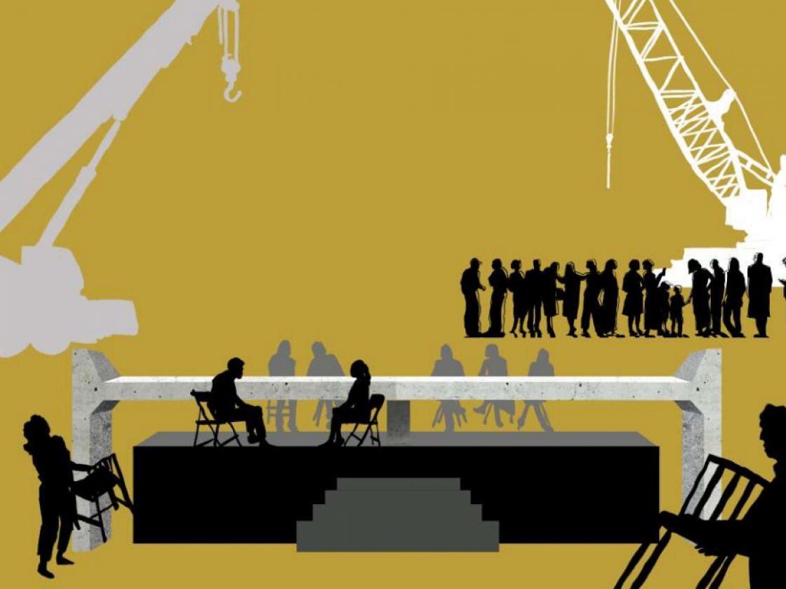 Visualisierung des Projekts, wo zwei Mauerteile einen Tisch ergeben. 