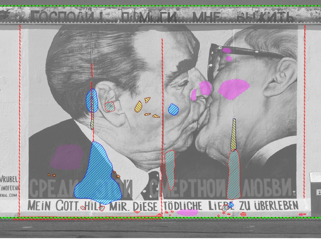 Eine Kartierung der Schäden auf dem Mauerbild "Bruderkuss" der East Side Gallery